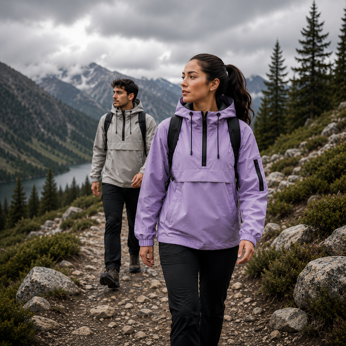 A model wears a hooded half zip anorak jacket with a large front pocket in a mountain setting._16