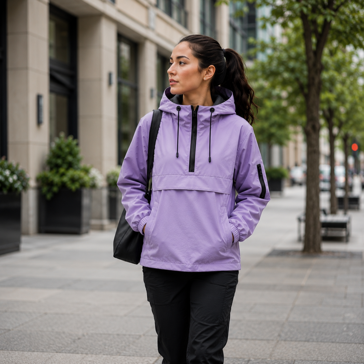A model wears a hooded half zip anorak jacket with a large front pocket in a mountain setting._18