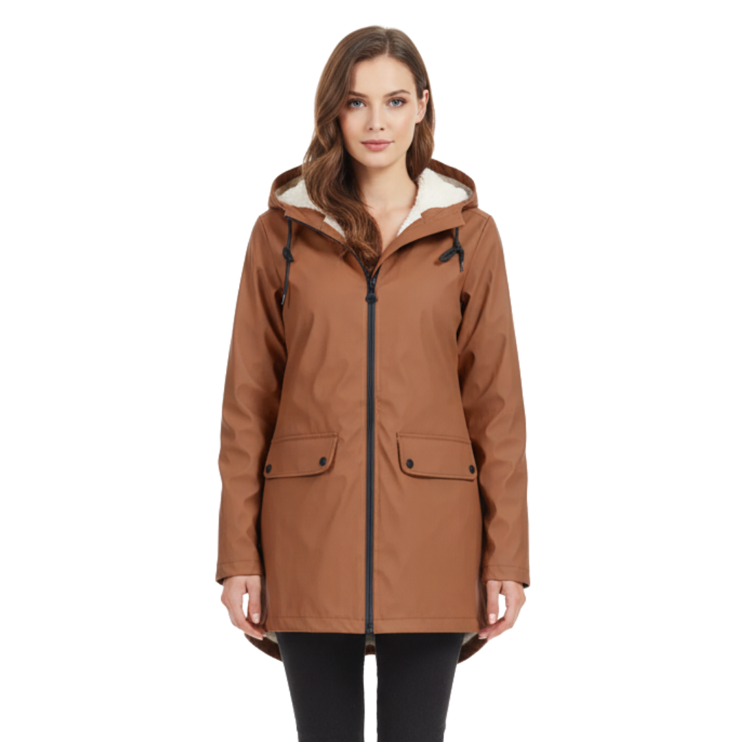 Front view of a model wearing a hooded hip-length rain jacket with a front zipper, flap pockets, and fishtail hem._0