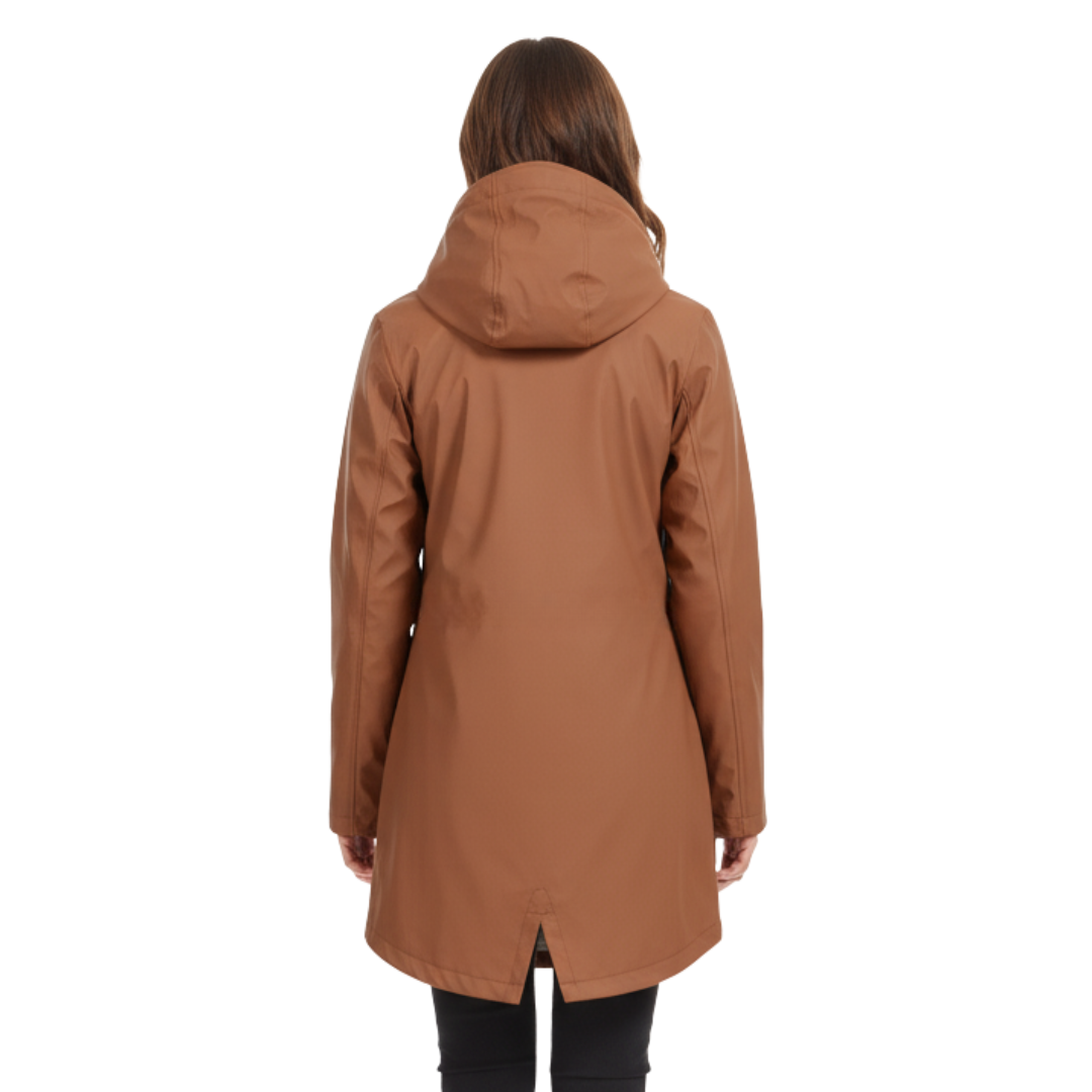 Front view of a model wearing a hooded hip-length rain jacket with a front zipper, flap pockets, and fishtail hem._1