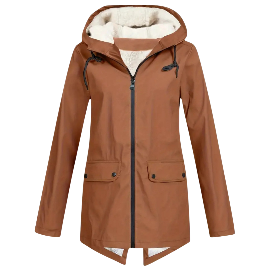 Front view of a model wearing a hooded hip-length rain jacket with a front zipper, flap pockets, and fishtail hem._2
