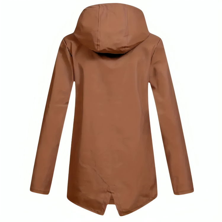 Front view of a model wearing a hooded hip-length rain jacket with a front zipper, flap pockets, and fishtail hem._3