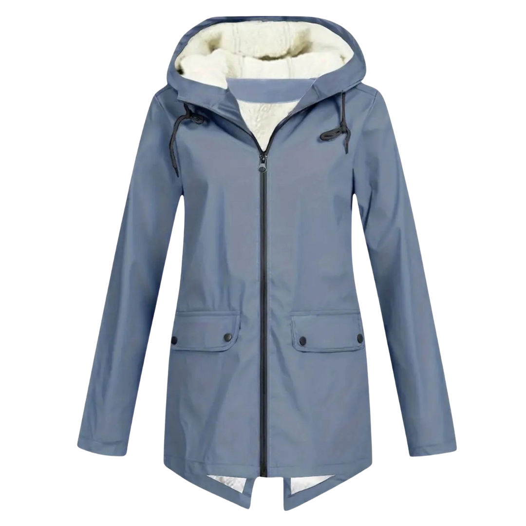 Front view of a model wearing a hooded hip-length rain jacket with a front zipper, flap pockets, and fishtail hem._4