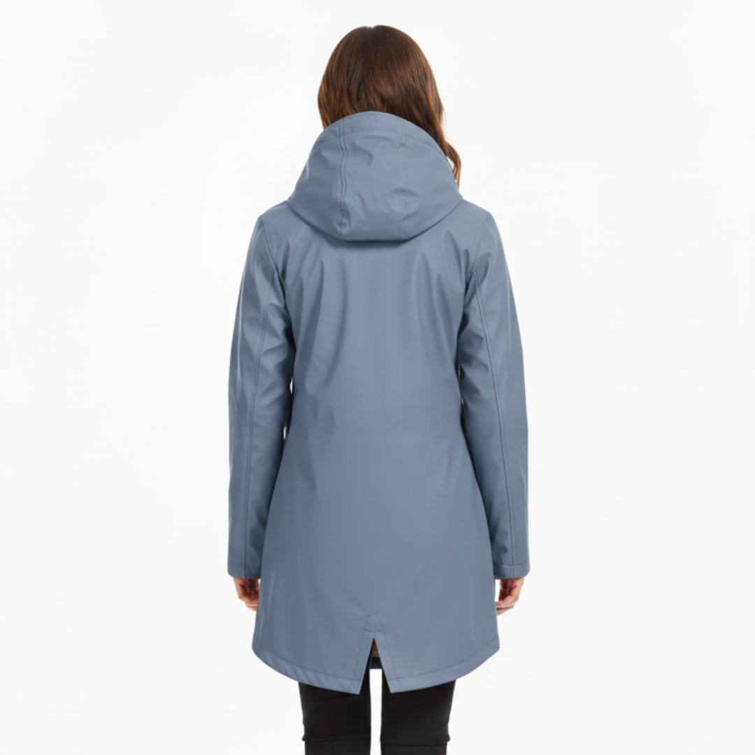 Front view of a model wearing a hooded hip-length rain jacket with a front zipper, flap pockets, and fishtail hem._6