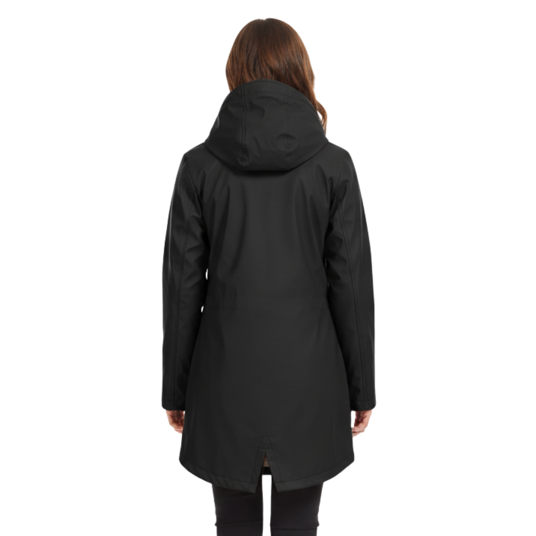 Front view of a model wearing a hooded hip-length rain jacket with a front zipper, flap pockets, and fishtail hem._8