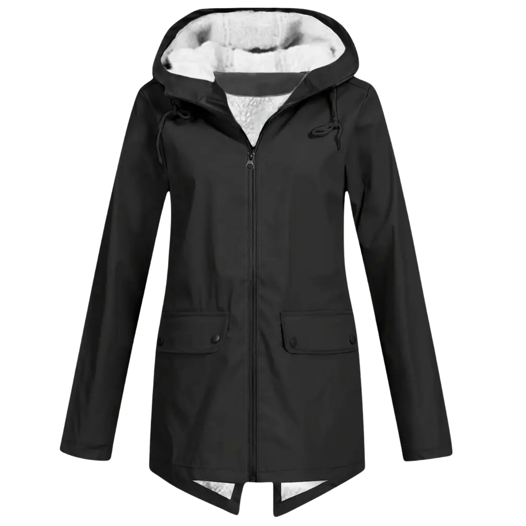 Front view of a model wearing a hooded hip-length rain jacket with a front zipper, flap pockets, and fishtail hem._9