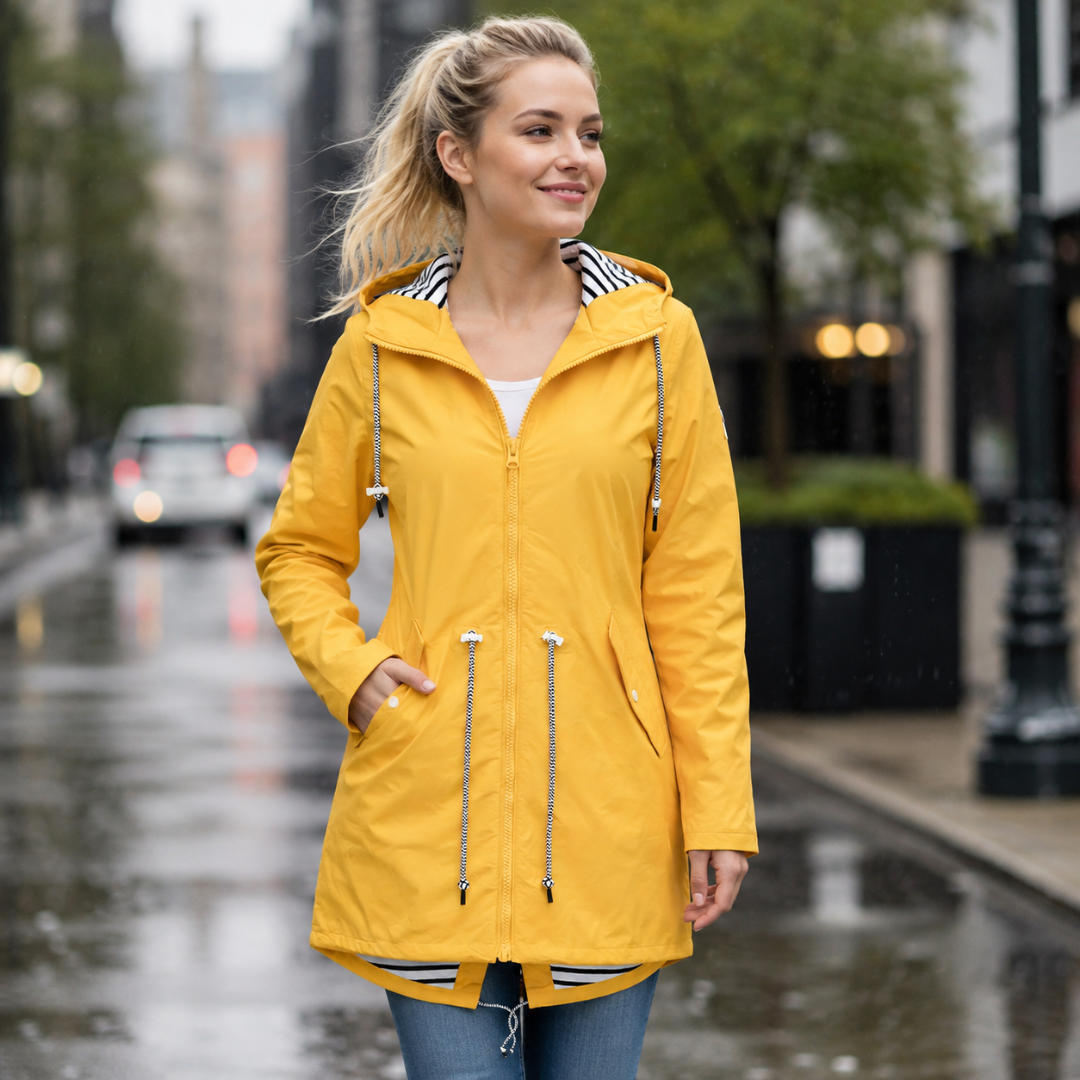 Model wearing a hooded long rain coat with a front zip, drawstring waist, and front pockets on a wet city street._0