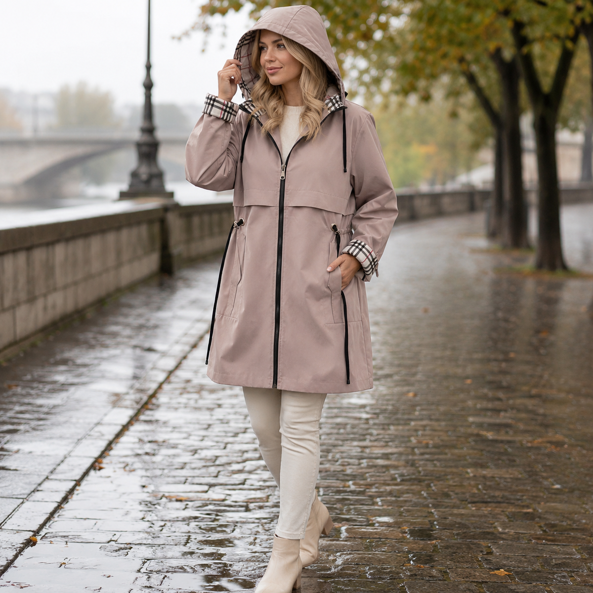 A woman wears a hooded zip coat with an adjustable drawstring waist and front pockets on a city street._12