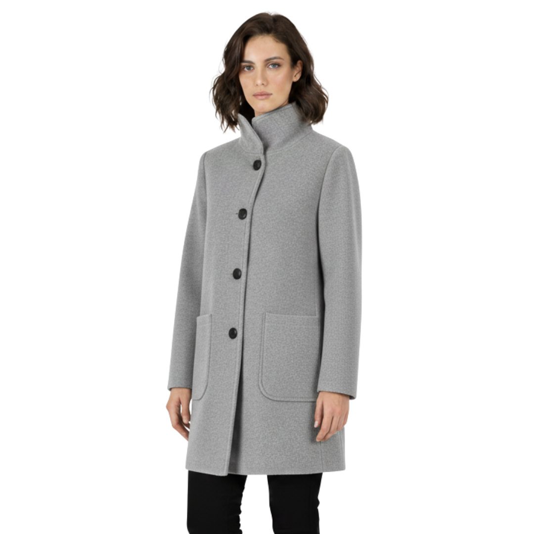 Model wearing a tailored knee length coat with a stand collar, front buttons, and patch pockets._0
