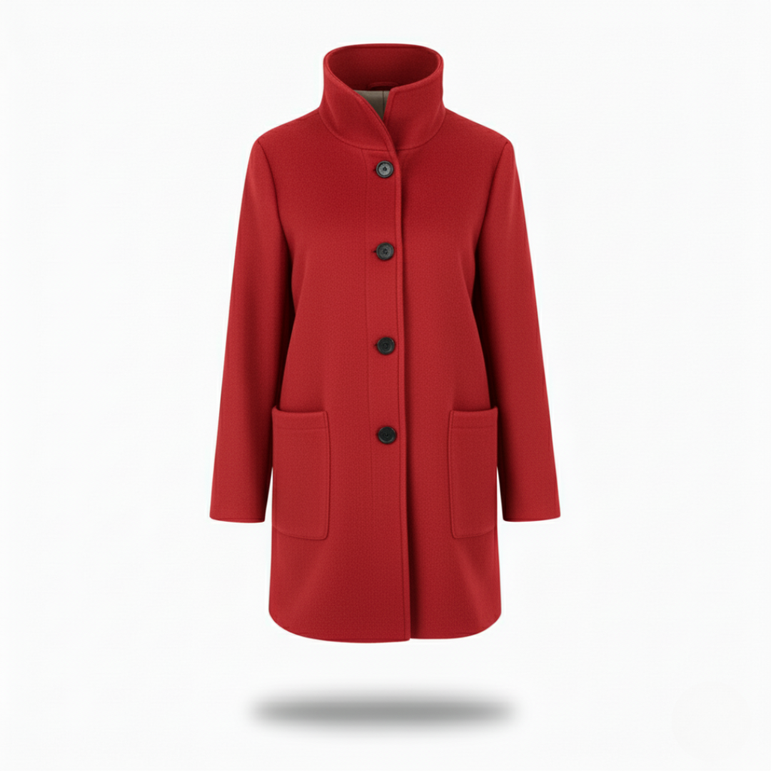 Model wearing a tailored knee length coat with a stand collar, front buttons, and patch pockets._7