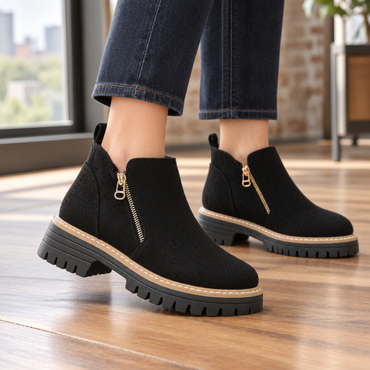Black ankle boots with gold-tone side zips, rounded toes, low block heels, and chunky lug soles styled with cropped dark jeans.